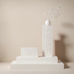 Elegant Minimalistic Pedestal Display With Floral Embossed Details Mockup for modern, luxury fashion, beauty, cosmetic, skincare, body care, product background  Podium 3d, stage pedestal or platform