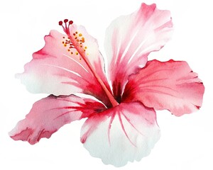 Watercolor flower hibiscus blossom petal. Soft red hibiscus watercolor flower with soft petals isolated on a white background. Bright red hibiscus flower, watercolor style, isolated white background