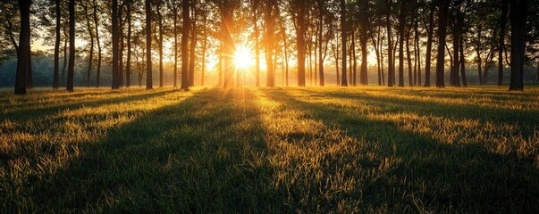 Obraz premium Serene landscape with sunbeams shining through tall trees at sunrise.