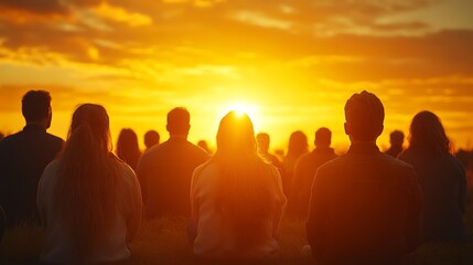 Group of people kneeling in prayer during an Easter sunrise service, golden light casting a warm glow, soft-focus on faces filled with peaceful expressions, vibrant sky in the background,