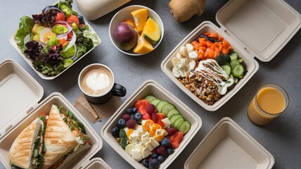 A top view of healthy takeaway food and drinks in disposable eco-friendly paper containers on a gray background. There is a salad, a panini, a Buddha bowl, fruits, coffee, and juice ai generated