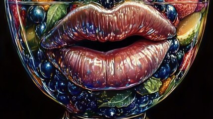 Fototapeta premium A surreal depiction of lips surrounded by colorful fruits in a glass bowl.