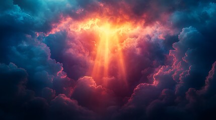 Fototapeta premium Heavenly light streaming down through a gap in dark clouds, vibrant colors illuminating the sky, capturing the symbolic moment of resurrection and renewal, soft mist surrounding the light,