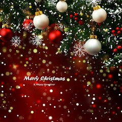 Naklejka premium Christmas decoration vector illustration with red balls, gold stars, and a snowy winter tree