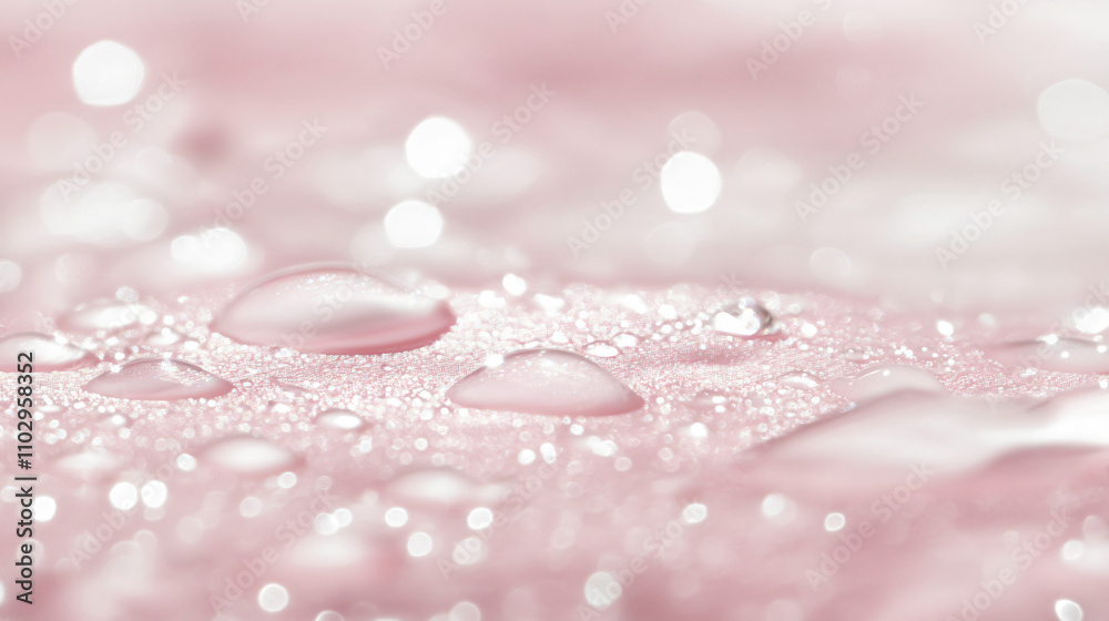 Poster close-up of water droplets on a soft pink surface, creating a sparkling effect with a bokeh backgrou