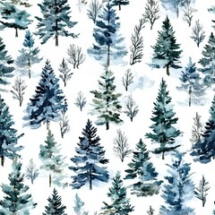 Fototapeta premium Seamless Christmas tree pattern. Winter watercolor forest illustration