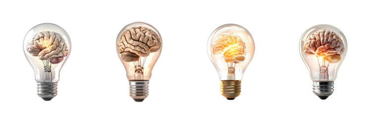 Light Bulb with Brain Inside PNG Set Isolated on Transparent Background