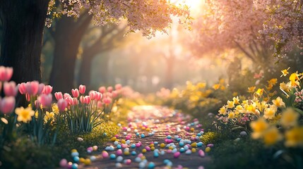 Obraz premium Peaceful Easter garden path at sunrise, lined with blooming daffodils and tulips, pastel-colored eggs scattered among the flowers, soft light creating a warm glow, tranquil and inviting ambiance,