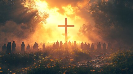 Fototapeta premium People gathered in prayer around a cross on Easter morning, soft mist surrounding them, sunlight piercing through, creating a divine glow, capturing a moment of deep reflection and faith,