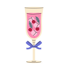 Cherry cocktail. Alcohol drink. Party beverage. Glass with bow. Rose champagne.
