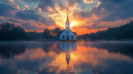 Silhouette of a church steeple with a cross, framed by the colors of an Easter sunrise, soft light breaking through clouds, reflections glowing on the surface of a nearby lake,