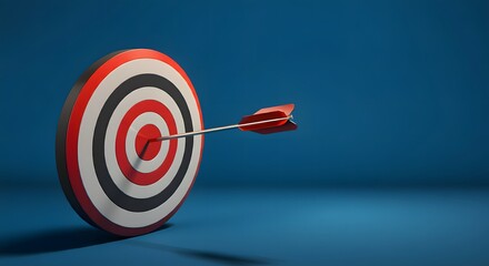 Creative illustration of red round shaped target with thin arrow representing concept of setting goals correctly on blue background