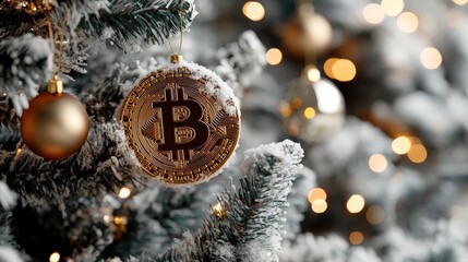 Christmas bitcoin gift decoration festive tree digital currency symbol winter wonderland close-up view holiday spirit