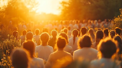 Sunrise Easter church service, a serene congregation gathered outside under the soft dawn light, with pastel colors in the sky, people dressed in spring attire,
