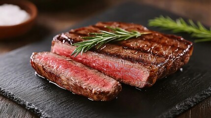 Juicy grilled steak with rosemary, served on a slate plate.