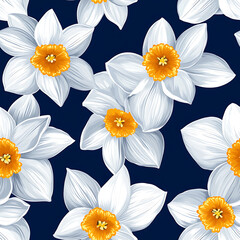 Beautiful white daffodils with bright orange centers against a dark blue background