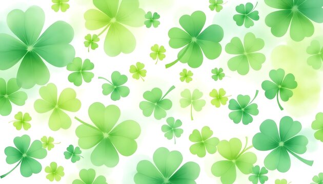 Saint Patrick's shamrock background, in a colorful watercolor style. Elegant Watercolor Shamrock Design for St. Patrick's Day Celebrations and Festive Decorations. Seamless pattern of green shamrocks