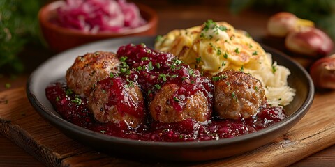 A plate of meatballs in sauce served with mashed potatoes and garnished with herbs.