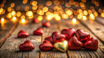  Handful of Chocolate Hearts in Shimmering Foil, romantically arranged, on Rustic Wooden Table with Warm Ambient Lighting