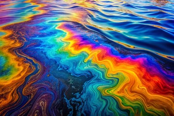 A colorful, swirling body of water with a rainbow-colored oil slick on top