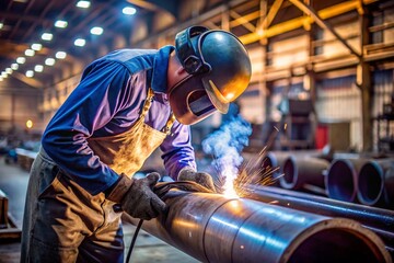 A man in a blue jacket is working on a pipe with sparks flying