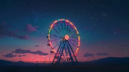 Illuminated Ferris Wheel at Twilight Under a Starry Sky