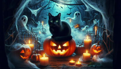 Black Cat with Glowing Green Eyes on a Pumpkin in a Misty Cemetery