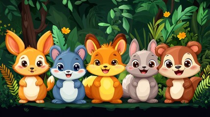 Naklejka premium children's illustrations, cartoon smiling cute animals in a row on forest background