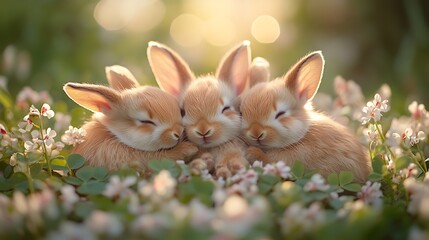 A trio of baby bunnies cuddled together in a patch of blooming clover, soft light illuminating their fur, blurred background of a spring garden, capturing a heartwarming and innocent moment,