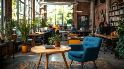 Stylish Open Office with Blue Accent Chairs