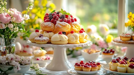 A variety of Easter pastries displayed on a vintage cake stand, vibrant colors of marzipan, glazed buns, and berry tarts, natural window light highlighting the textures,