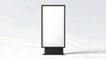 A simple, blank storefront sign standing upright, designed with a clean rectangular frame. The sign is empty, ready for customization, and rests on a minimal, modern stand.