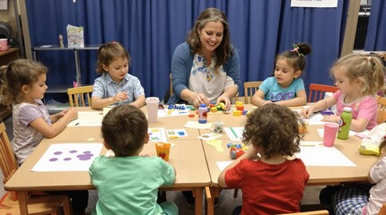 A small group of preschool children sit with their teacher at a table as they learn through play. They are each dressed casually and are focused on the activity
