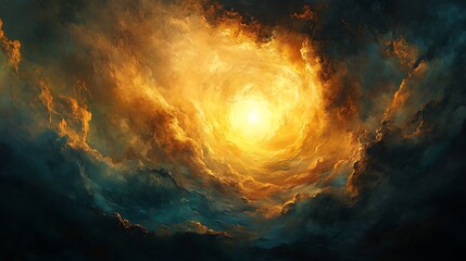 Fototapeta premium Abstract depiction of a bright light piercing through dark, swirling clouds, the sky illuminated with vibrant golden hues, mist creating a soft, ethereal effect,