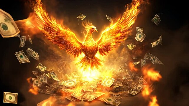 A fiery bird is surrounded by a pile of money