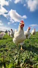 White poultry walking on the grass in blue sky background