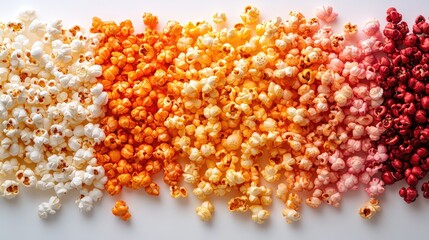 Vibrant variety of popcorn flavors arranged in colorful gradient on a white background perfect for snack advertising or food promotion