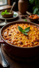 Fototapeta premium Casserole of bobotie on wooden table
