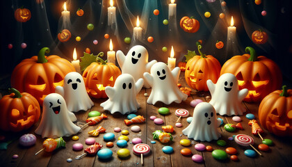 Playful Ghosts and Pumpkins Partying with Dancing and Colorful Candy