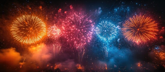 Fototapeta premium Vibrant fireworks display in the night sky with an array of colors including orange pink blue and purple illuminating the atmosphere