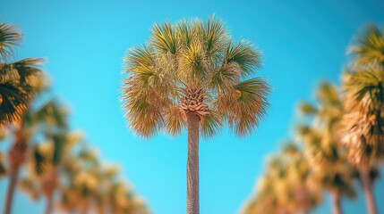 Obraz premium Tall palm tree showcasing vibrant foliage against a clear blue sky creating a tropical and serene atmosphere for summer themes.
