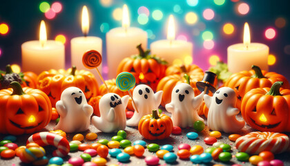 Playful Ghosts and Pumpkins Partying with Dancing and Colorful Candy
