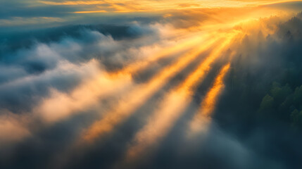 Naklejka premium Ethereal Glow: Shiny Gold Rays Penetrating Smoke Across a Misty Horizon