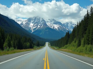 Fototapeta premium Scenic Mountain Highway Winding Through Lush Forests Under a Blue Sky With Fluffy Clouds in the Summer