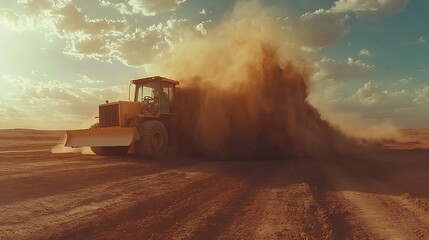 Fototapeta premium A massive bulldozer pushing a huge mound of dirt on a construction site, dust clouds rising from the ground, sunlight casting strong shadows, realistic textures of dirt and machinery,