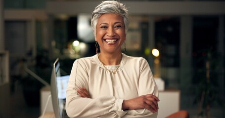 Happy, crossed arms and portrait of mature woman in office with confidence for corporate career....