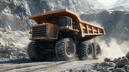 A massive dump truck hauling a full load of rocks in a quarry, rough terrain beneath, steep rocky walls in the background, dust clouds rising from the tires, intense sunlight casting sharp shadows,