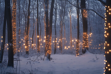 Obraz premium A magical snowy forest with glowing fairy lights, frosted trees, and a serene winter atmosphere, perfect for holiday and New Year themes