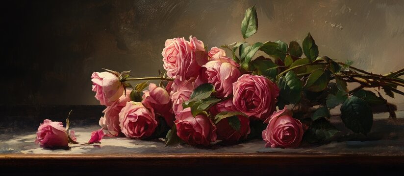 Elegant pink roses arrangement showcasing delicate beauty on rustic tabletop background in soft natural light.
