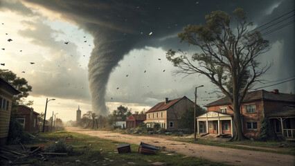 Devastating tornado in countryside. Stormy sky.  